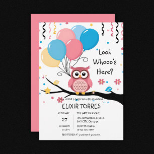 Schattigee Roze Uil met Ballonnen & Confetti Baby Kaart