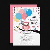 Schattigee Roze Uil met Ballonnen & Confetti Baby Kaart