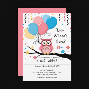 Schattigee Roze Uil met Ballonnen & Confetti Baby Kaart
