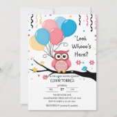 Schattigee Roze Uil met Ballonnen & Confetti Baby Kaart (Voorkant)
