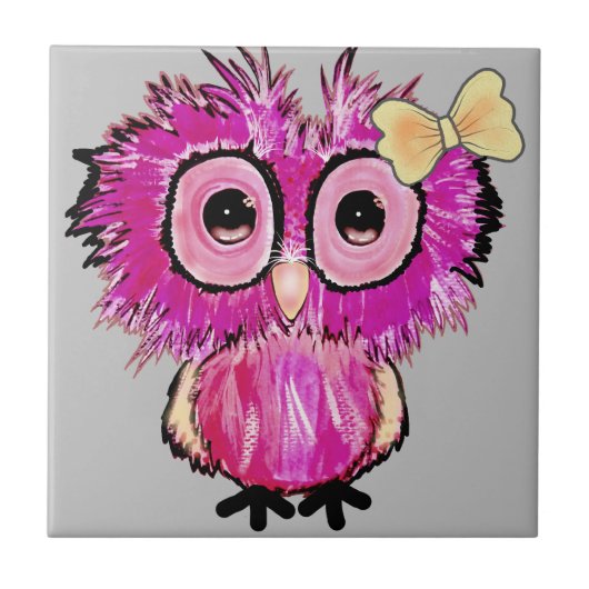 Schattigee roze Uil met lintboog Tegeltje (Voorkant)