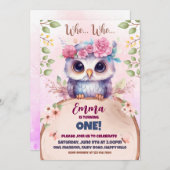 Schattigee roze uil thema verjaardagsuitnodiging kaart (Voorkant / Achterkant)