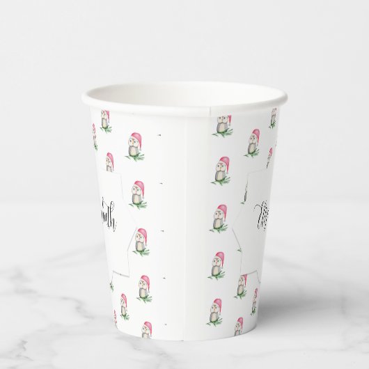 Schattigee Roze Uil Waterverf Monogrammed Papieren Bekers (Rechts)