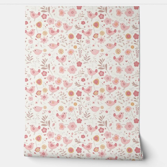 Schattigee Roze Vogels & Bloemen Behang (Afrollen)