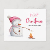 Schattigee Roze Vrolijke Kerstman Sneeuwman Marshm Briefkaart (Voorkant)