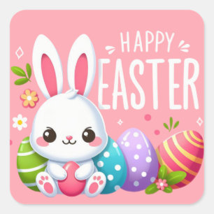 Schattigee, roze vrolijke paashaas vierkante sticker
