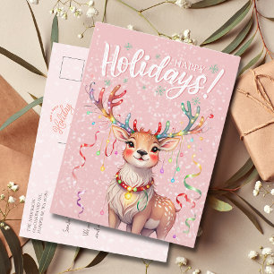 Schattigee Roze Waterverf Rendieren en kerstverlic Briefkaart