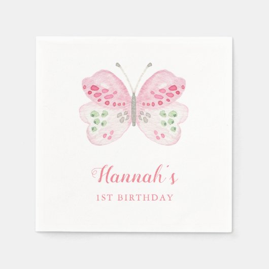 Schattigee Roze Waterverf Vlinder 1e Verjaardagsfe Servet (Voorkant)