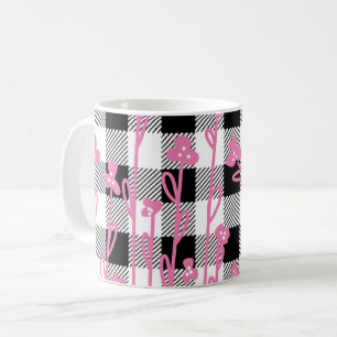 Schattigee roze wilde bloemen doodle zwart wit pla koffiemok