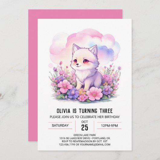 Schattigee roze wolf welp verjaardag kaart (Voorkant / Achterkant)