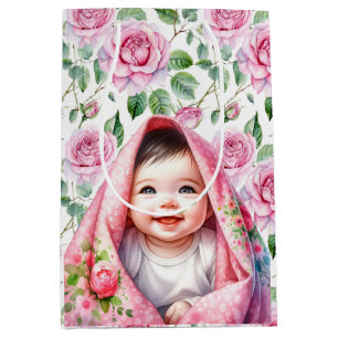 Schattigee Rozen en Lachende Baby Girl Baby shower Medium Cadeauzakje