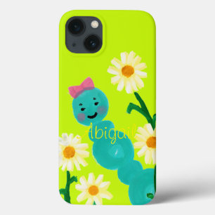 Schattigee rups en madeliefjes gepersonaliseerd iPhone 13 hoesje