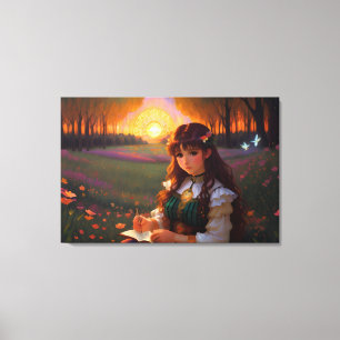 Schattigee Sad Anime Style Vrouw in Meadow bij zon Canvas Afdruk