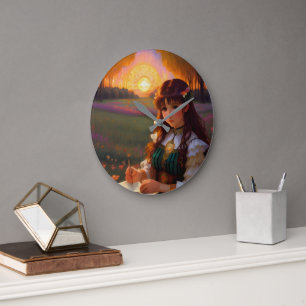 Schattigee Sad Anime Style Vrouw in Meadow bij zon Grote Klok