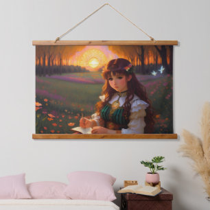 Schattigee Sad Anime Style Vrouw in Meadow bij zon Hangend Wandkleed