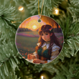 Schattigee Sad Anime Style Vrouw in Meadow bij zon Keramisch Ornament