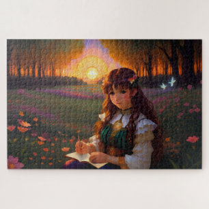 Schattigee Sad Anime Style Vrouw in Meadow bij zon Legpuzzel