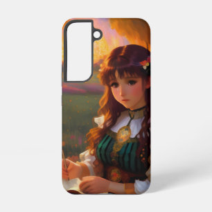 Schattigee Sad Anime Style Vrouw in Meadow bij zon Samsung Galaxy Hoesje
