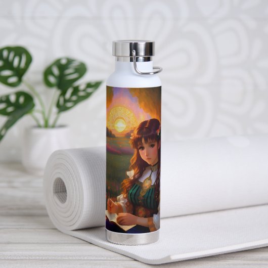 Schattigee Sad Anime Style Vrouw in Meadow bij zon Waterfles (Yoga)