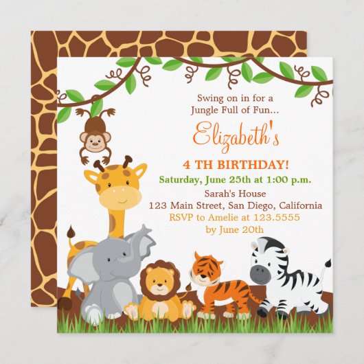 Schattigee Safari Oerwoud Verjaardagsfeestuitnodig Kaart (Voorkant / Achterkant)