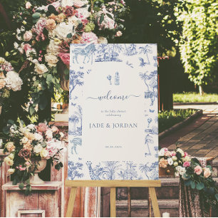 Schattigee Safari Toile de Jouy Blauw Baby showe Poster