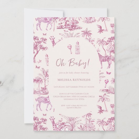 Schattigee Safari Toile de Jouy | Roze Baby shower Kaart (Voorkant)