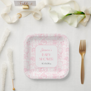 Schattigee Safari Toile de Jouy Roze Baby shower Papieren Bordje
