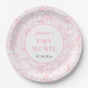 Schattigee Safari Toile de Jouy Roze Baby shower Papieren Bordje