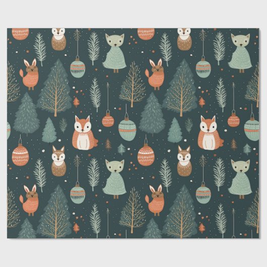 Schattigee Sage Groene Winter Bossen Vossen Kerstm Cadeaupapier (Vlak)