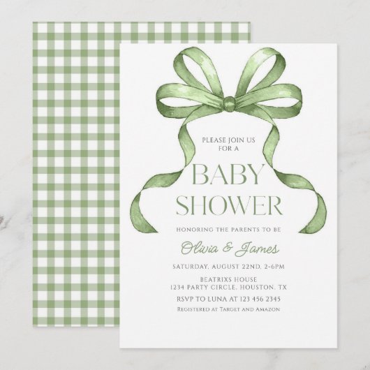 Schattigee salie groen Bow Gingham Baby shower Kaart (Voorkant / Achterkant)