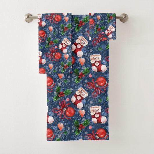 Schattigee Santa Boots Balls Red Holly Berries Ker Bad Handdoek (Insitu)