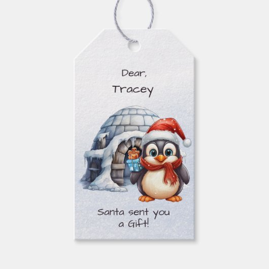 Schattigee Santa Hat Penguin Sneeuwvlokken Kinder Cadeaulabel (Voorkant)