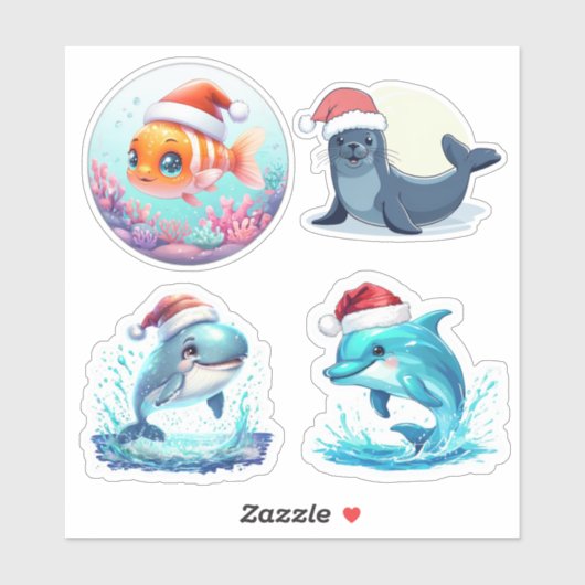 Schattigee Santa Ocean Animals Custom-Cut Vinyl St Sticker (Vel)