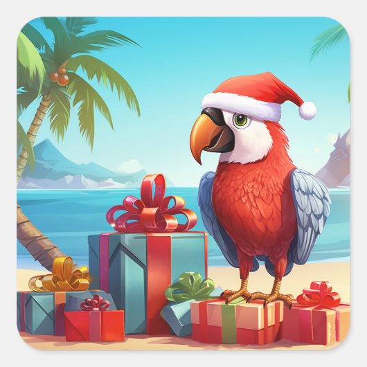 Schattigee Santa Parrot Tropical Beach Kerst Vierkante Sticker (Voorkant)