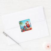 Schattigee Santa Parrot Tropical Beach Kerst Vierkante Sticker (Envelop)