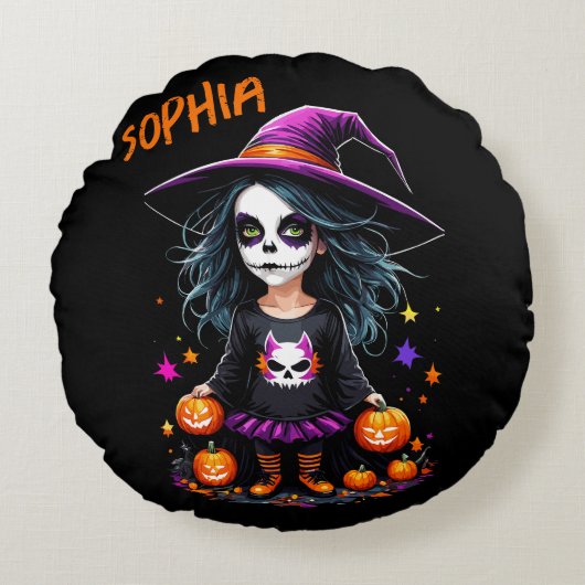 Schattigee Schattige Kawaii Halloween Witch Rond Kussen (Voorkant)