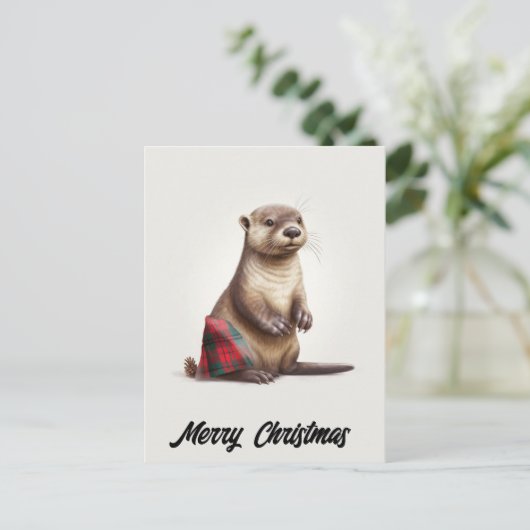 Schattigee Schattige kerst otter in Plaid Feestdagenkaart (Staand voorkant)