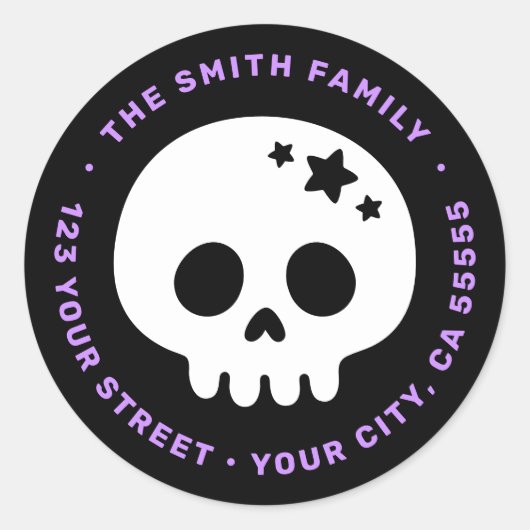 Schattigee schedel met sterretjes zwart paarse ret ronde sticker (Voorkant)