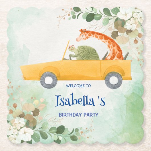 Schattigee schildpad Giraffe Tropische bloem Verja Kartonnen Onderzetters (Voorkant)