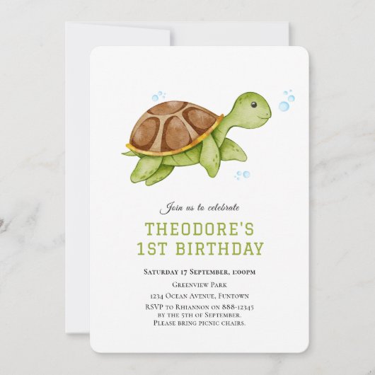 Schattigee Schildpad Onder het zee 1e verjaardag u Kaart (Voorkant)