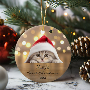 Schattigee Schotse Fold Cat Santa Hat Gold geperso Keramisch Ornament
