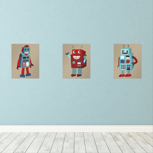 Schattigee sci-fi-thema's voor retro-robots muurkunst sets (Houten vloer)