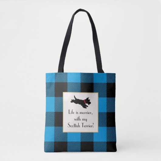 Schattigee Scottie Dog Buffalo Plaid Blauwe Canvas Draagtas (Voorkant)