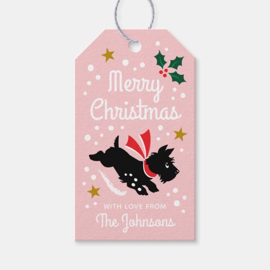 Schattigee Scottie Dog Christmas Custom Name Pink Cadeaulabel (Voorkant)