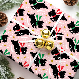 Schattigee Scottie Dog Fun Snow Retro Patroon Roze Cadeaupapier
