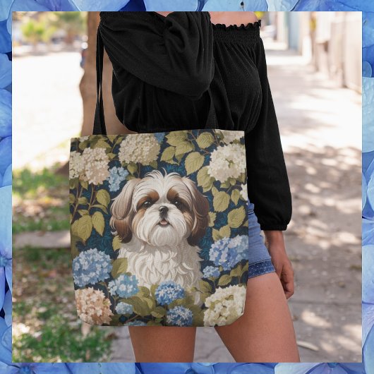 Schattigee Shih Tzu Puppy Blauwe hortensia bloemen Draagtas