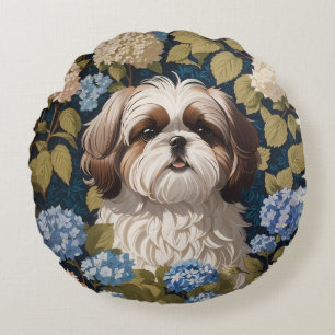 Schattigee Shih Tzu Puppy Blauwe hortensia bloemen Rond Kussen