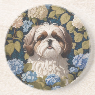 Schattigee Shih Tzu Puppy Blauwe hortensia bloemen Zandsteen Onderzetter