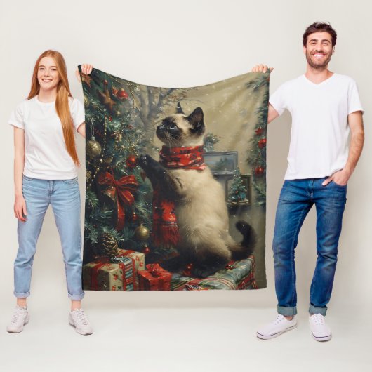 Schattigee Siamese kat kerst Vintage Fleece Deken (In situ)