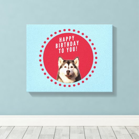 Schattigee Siberische Husky Happy Birthday blauw r Canvas Afdruk (Insitu (Houten vloer))